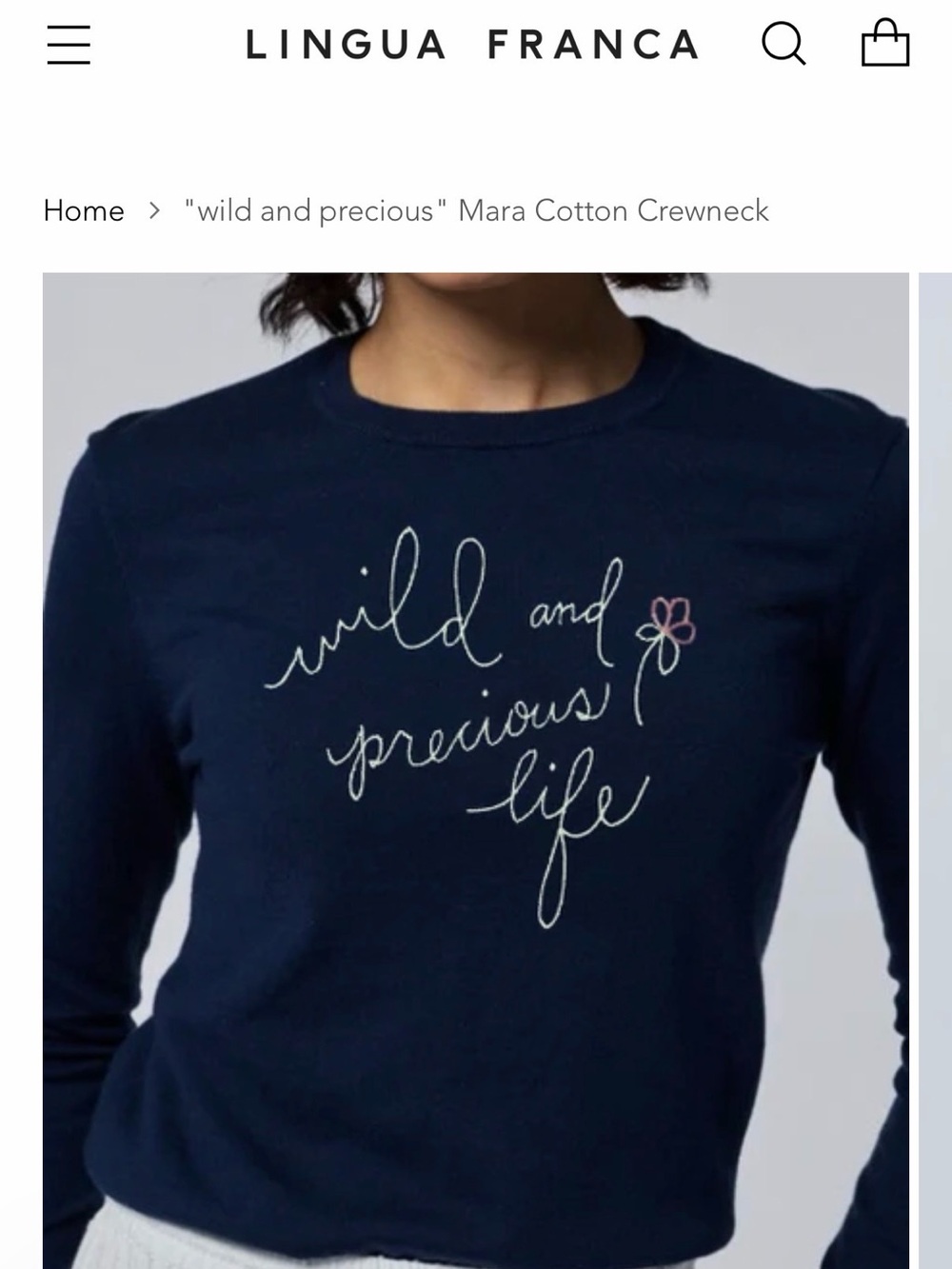Lingua Franca Mara Crewneck - Navy with 'Wild and Precious Life'